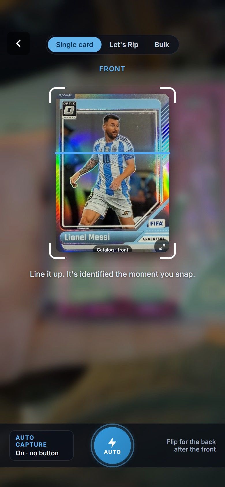 Single-card capture: the card lined up in the guide, auto capture on
